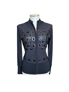 Black Jewel Embellished Zip Front Bomber Jacket Sweater Cardigan Chunky Gems